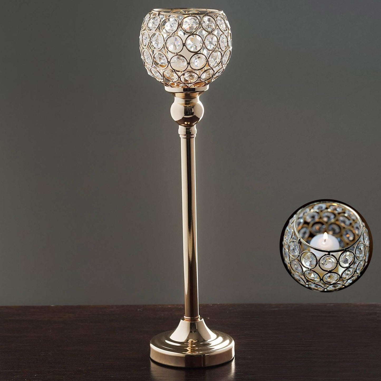 Crystal Votive Pillar Holder Metal 16" Gold - Chic Round Tealight Stand for Events - Linen Luxes