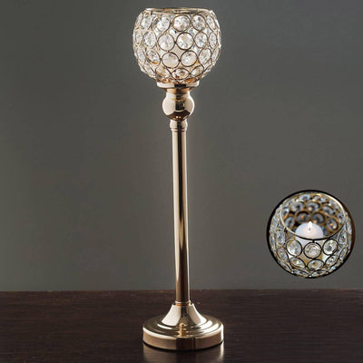 Crystal Votive Pillar Holder Metal 16" Gold - Chic Round Tealight Stand for Events - Linen Luxes