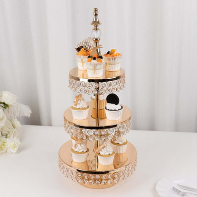 3-Tier Cake Stand Crystal Beaded Gold with Round Mirror Top - Metal Cupcake Tower Dessert Display 26"