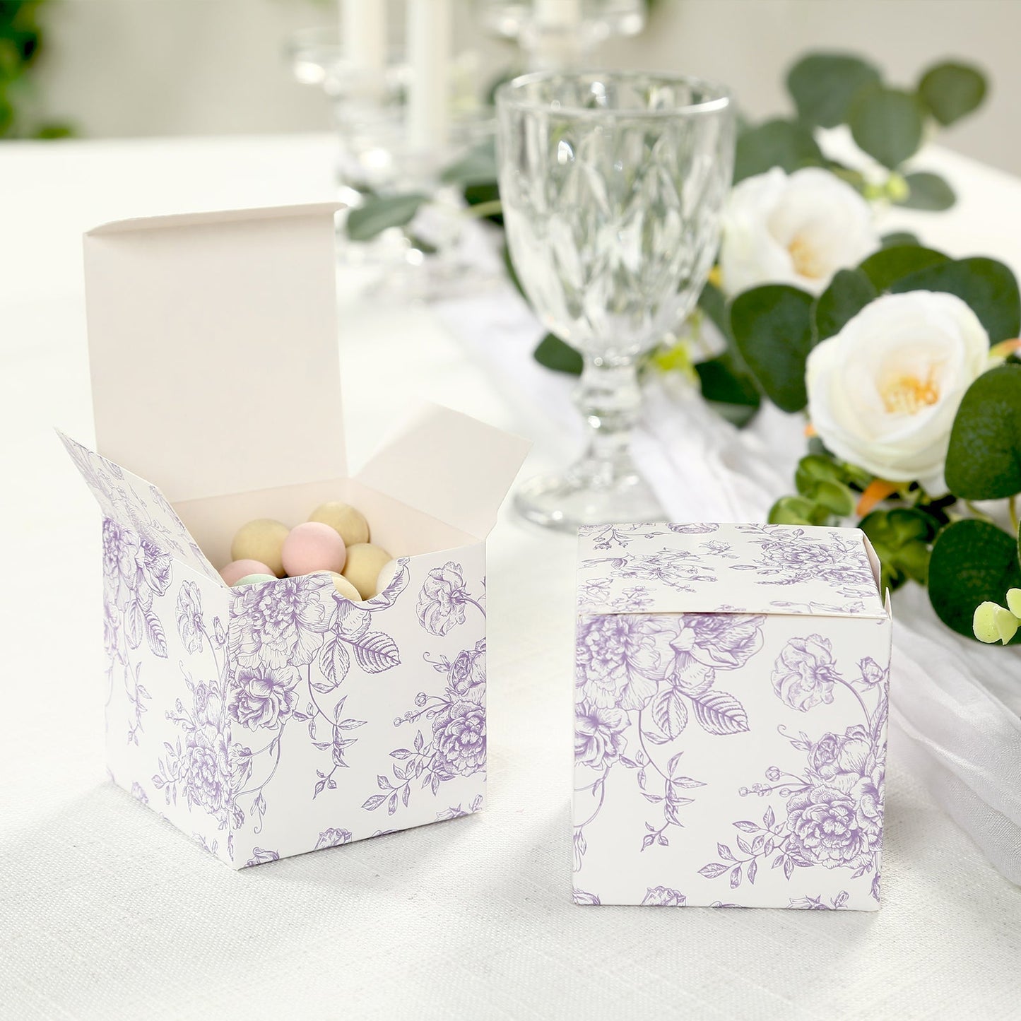 25 Pack Candy Treat Favor Boxes in French Toile Pattern - Matte Lavender and White Party Gift Boxes, Cardstock Paper - 3"x3"