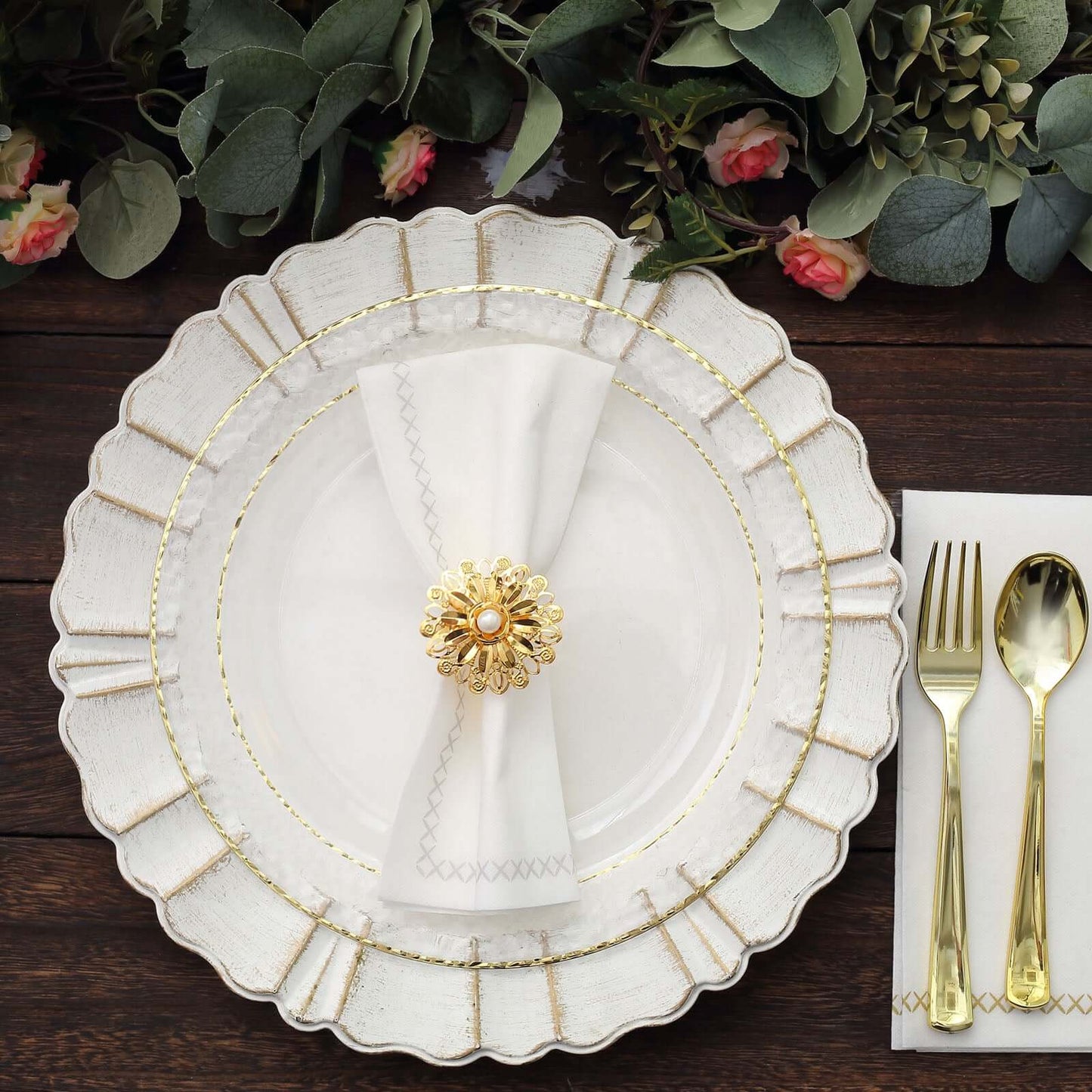 4 Pack 2" Elegant Gold Metal Pearl Floral Serviette Napkin Rings, Daffodil Flower Buckle Napkin Holders