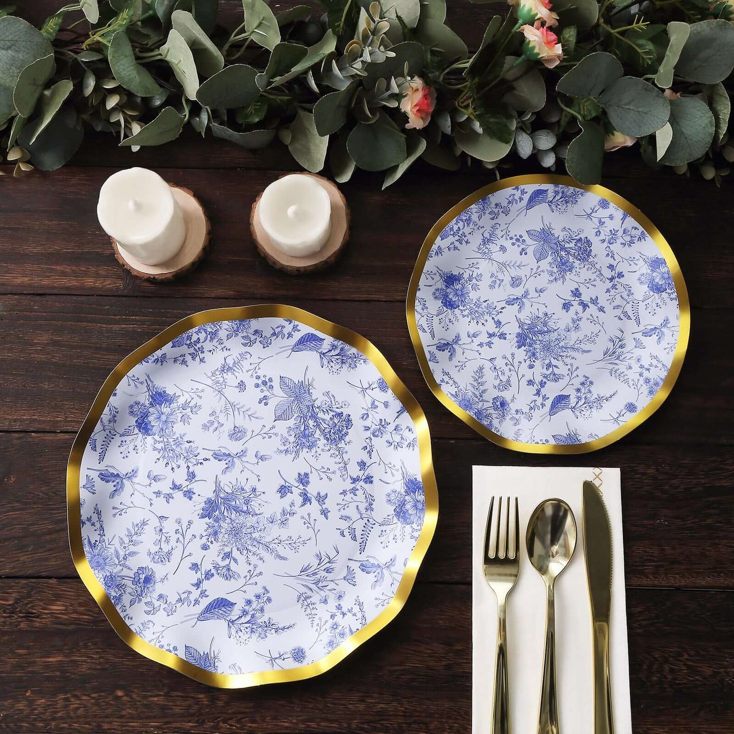25-Pack Paper Round Dinner Plates 10" in White with Blue French Toile Pattern & Gold Wavy Rim - Disposable 350GSM Party Plates
