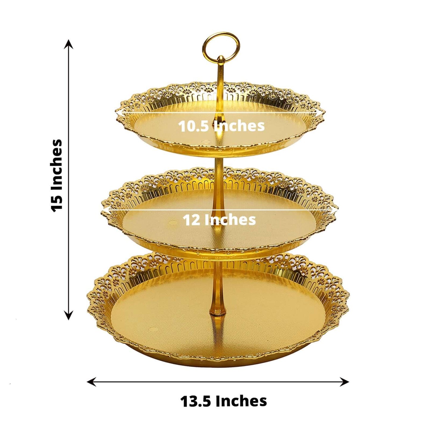 3-Tier Plastic Round Cupcake Stand 15" Metallic Gold with Lace Scalloped Edges