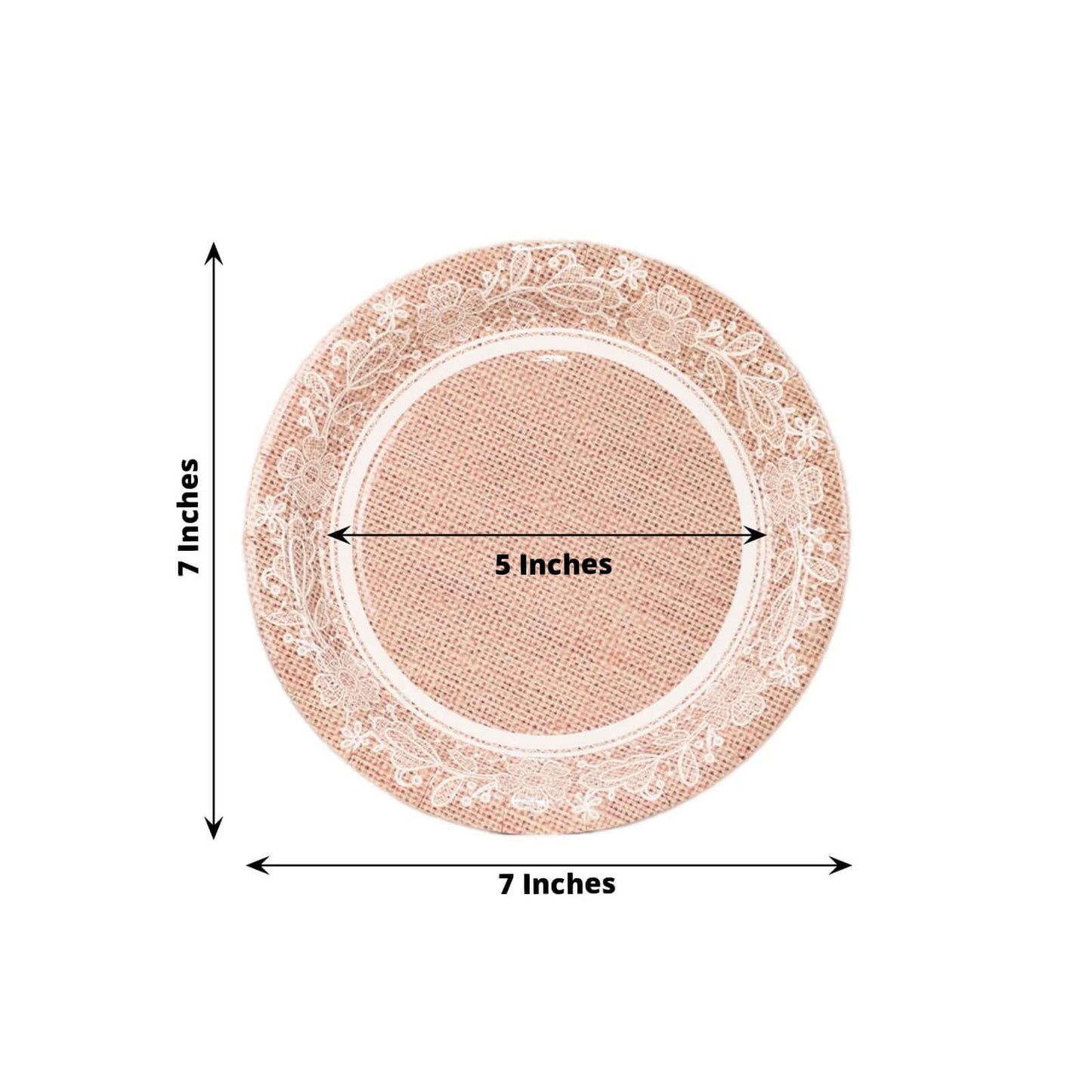25-Pack Paper 7" Round Dessert Plates in Natural Burlap Print with Floral Lace Rim - Disposable Rustic Appetizer Salad Plates for Farmhouse Weddings & Celebrations