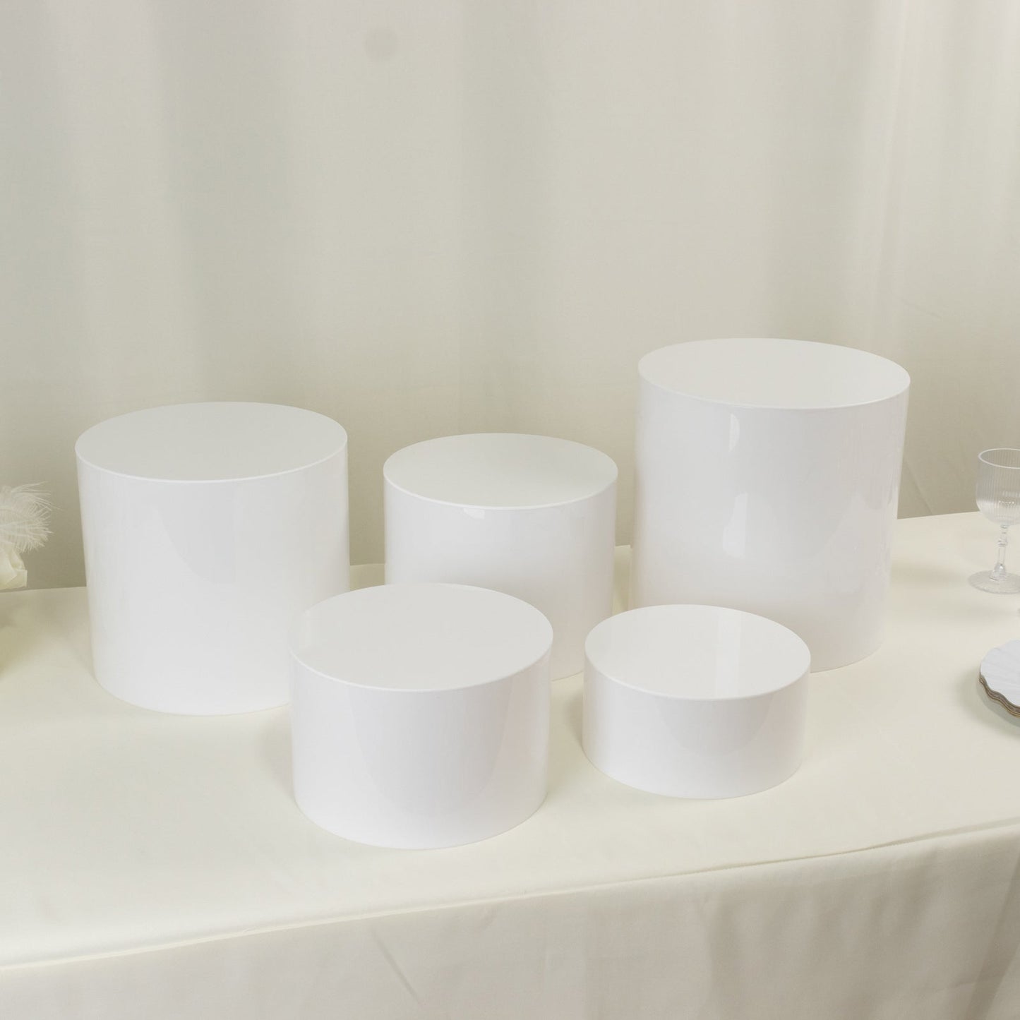Set of 5 Acrylic Cake Stands Cylinder Design Round White - Display Risers for Events 8.5", 9", 10", 11", 12"