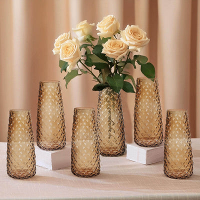 6-Pack Glass Urn Vases Amber Gold with Diamond Crystal Cut Pattern - Stylish Decorative Design for Event Decor 8.5"