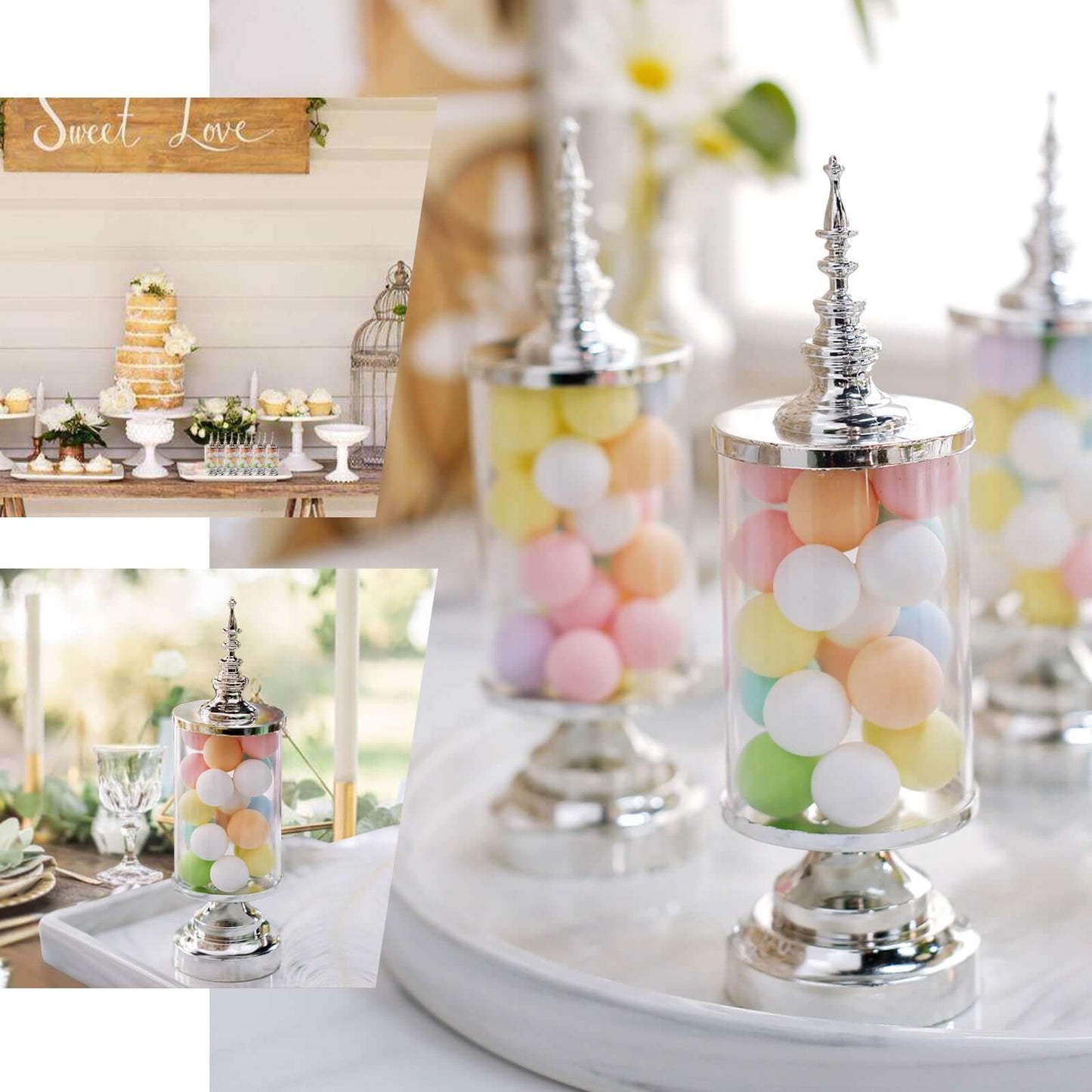 6-Pack Pillar Candy Jar Candy Container Clear/Silver - Decorative Apothecary Jars for Party Favors 7"