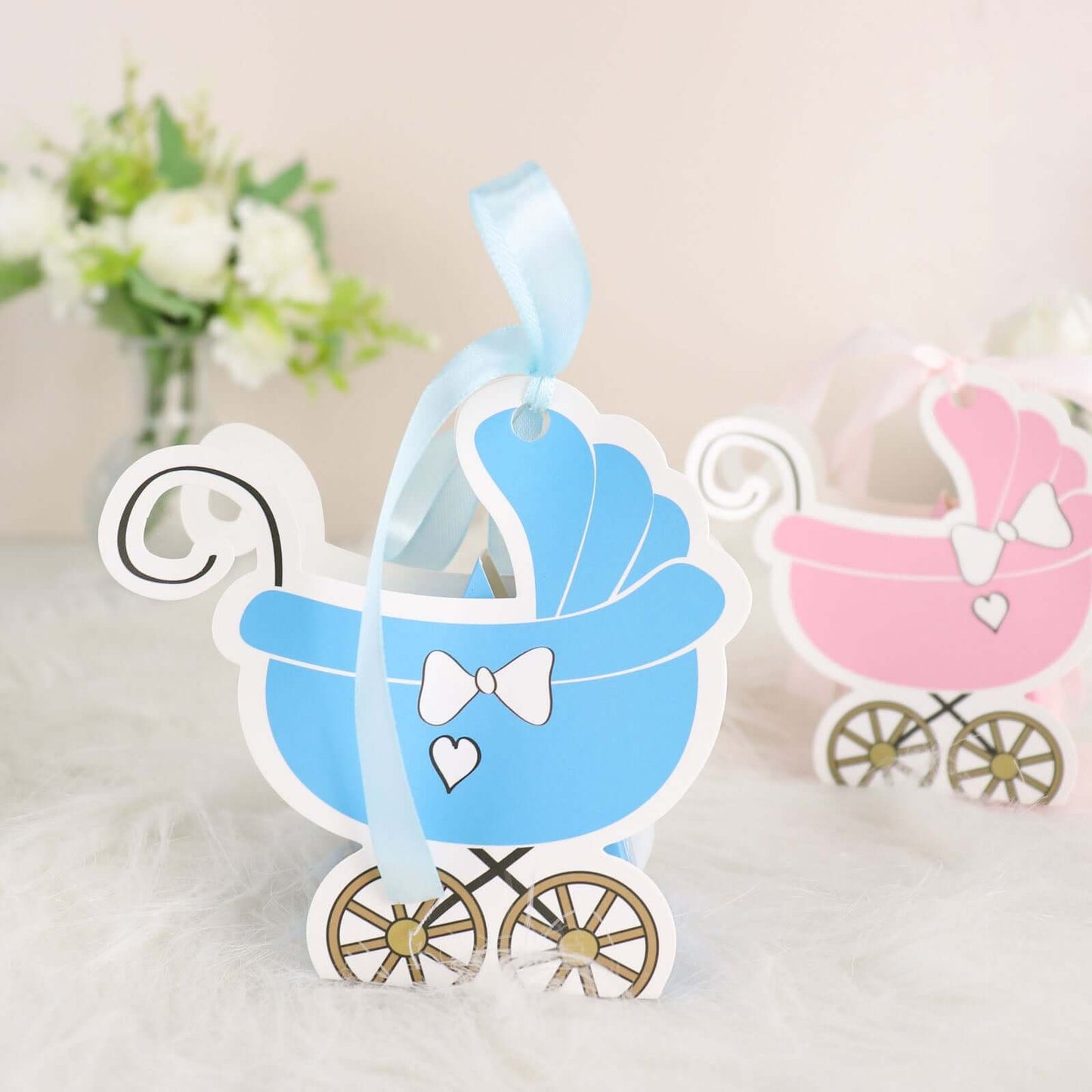 25 Pack Light Blue Baby Paper Stroller Party Favor Gift Boxes, Cardstock Carriage Candy Boxes with Ribbon Ties - 4.5"x2"x4"