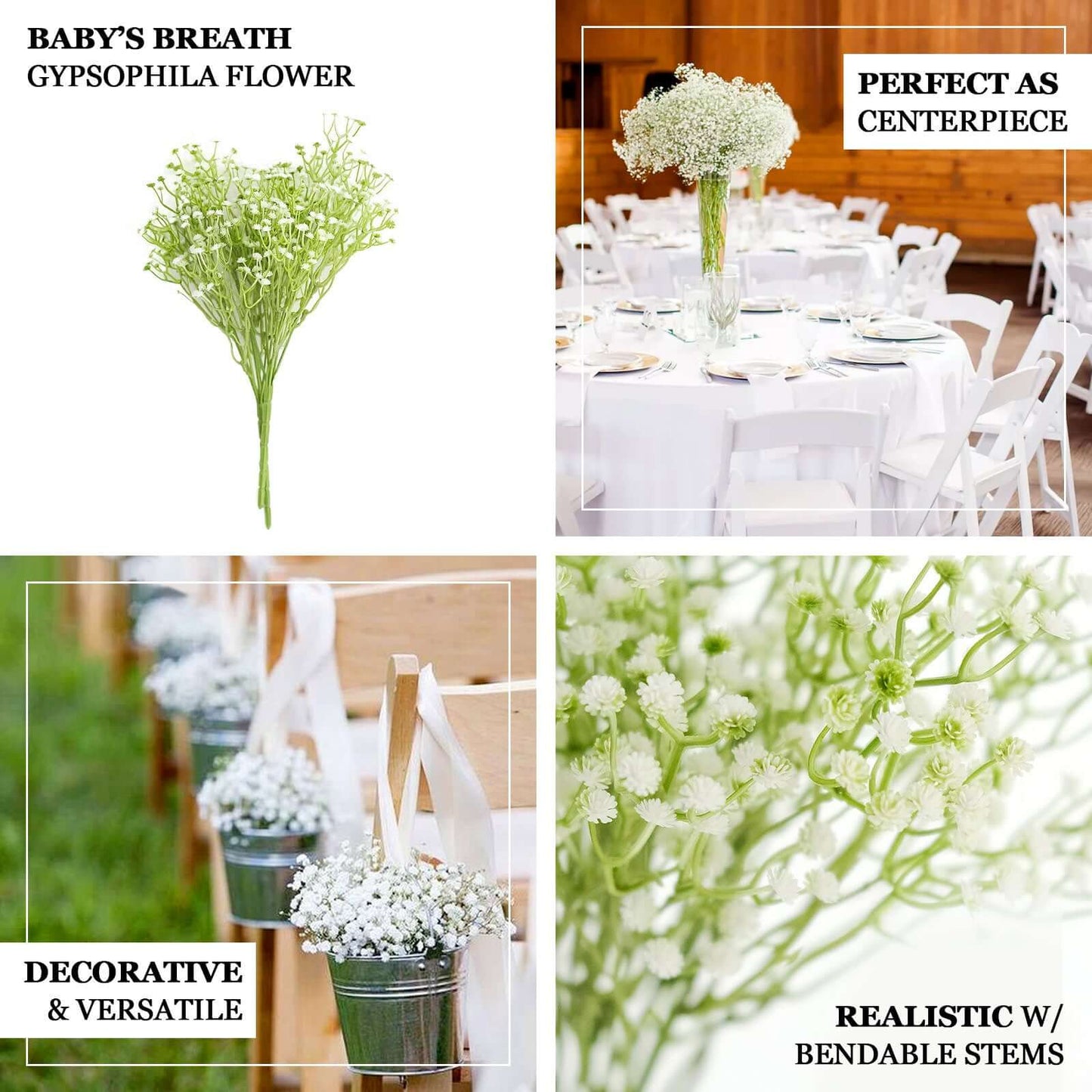 3 Bushes White 14" Artificial Babyâ€™s Breath Gypsophila Flower Arrangements, Real Touch Indoor Faux Floral Bouquets
