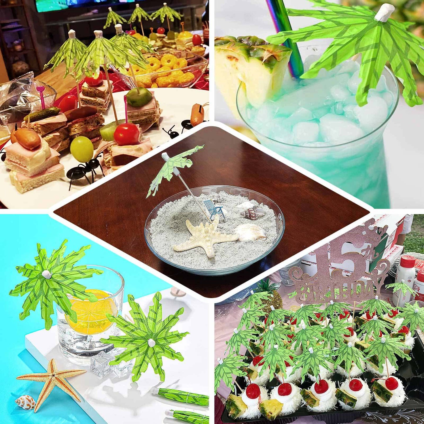 50-Pack Bamboo Cocktail Picks Tropical Leaf Parasol Design Green - Eco Friendly Disposable Drink Stick 6"