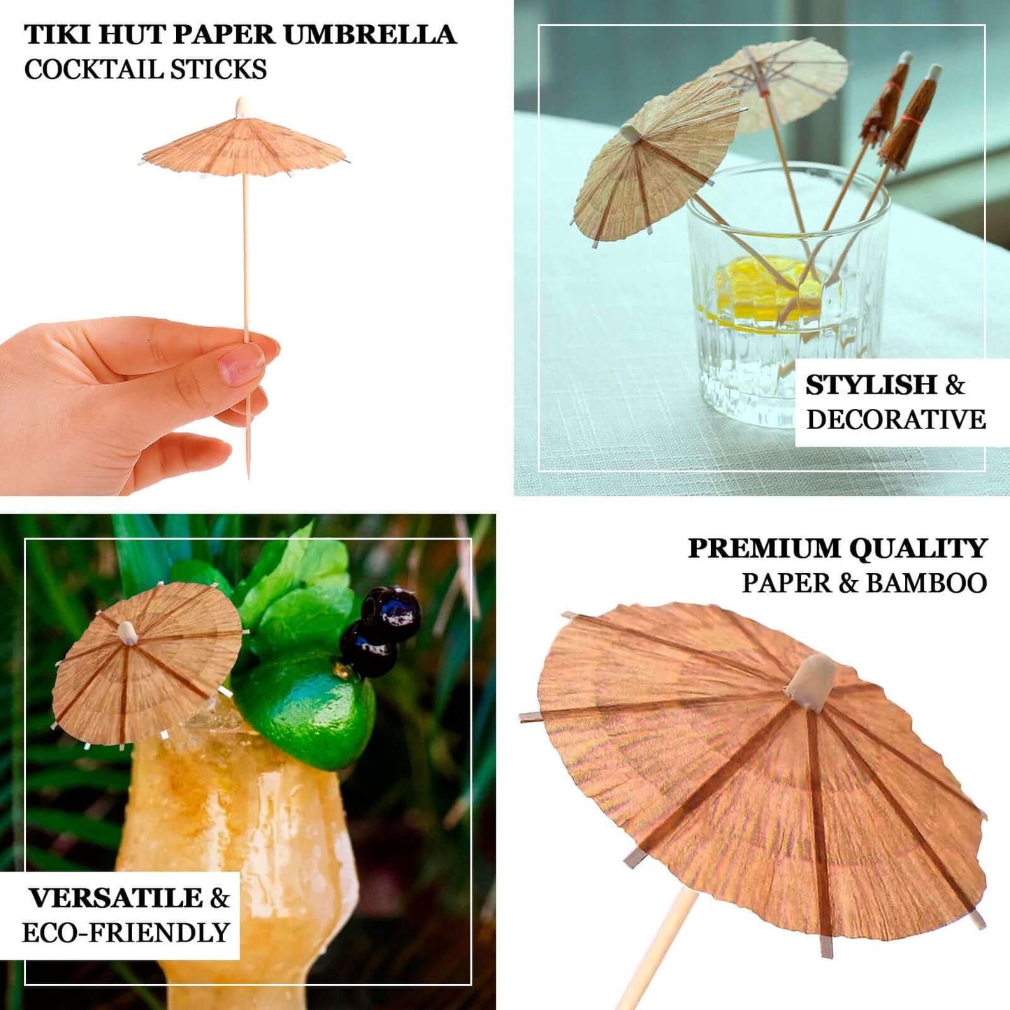 50-Pack Bamboo Cocktail Sticks Tiki Hut Paper Umbrella Design Eco Friendly Natural - Biodegradable Party Picks 6"