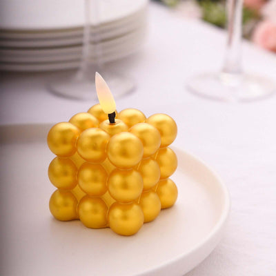 2-Pack LED Flameless Cube Candles Mini Bubble Metallic Gold - Battery Operated 2"