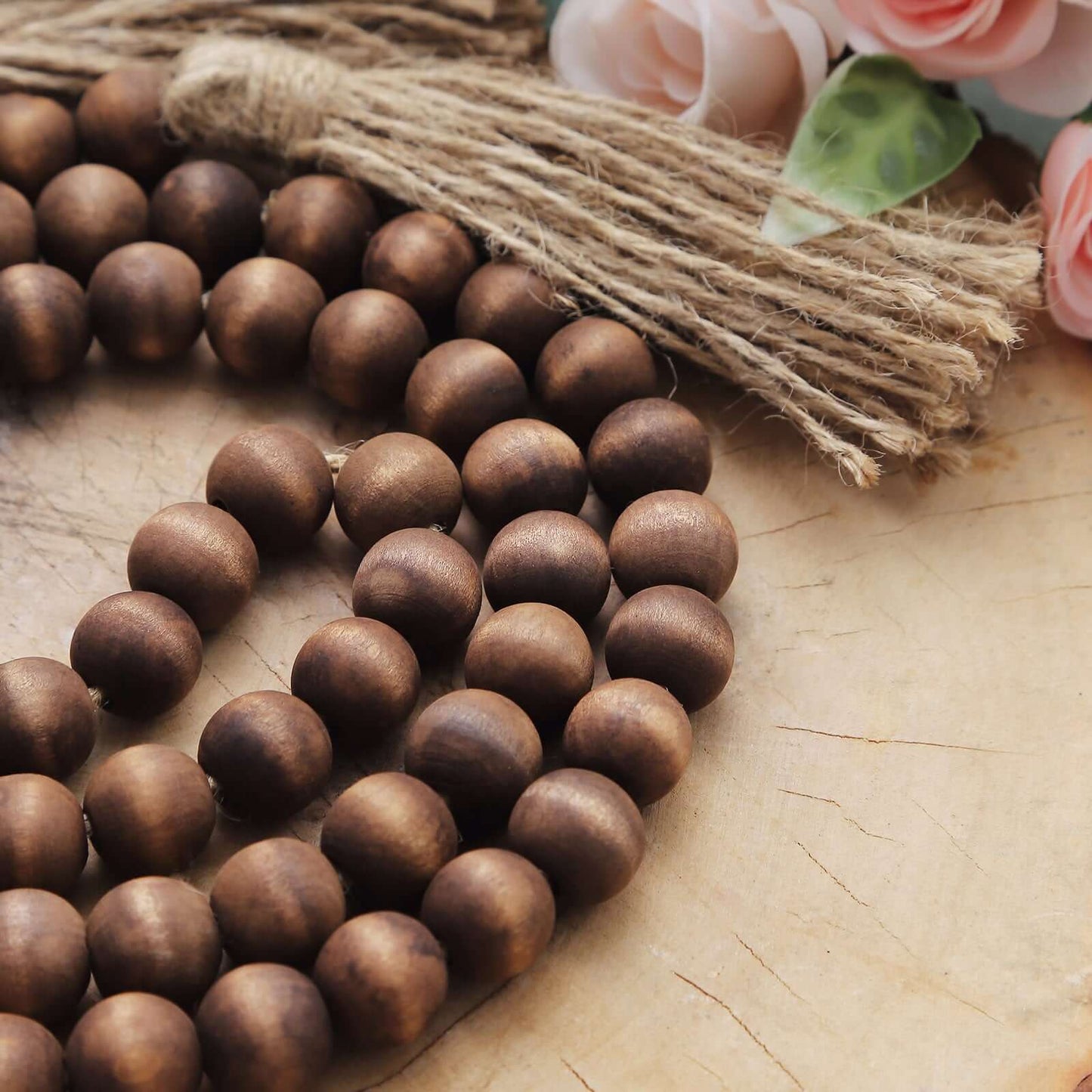 55" Brown Rustic Boho Chic Wood Bead Garland With Tassels, Farmhouse Country Wood Bead Chain