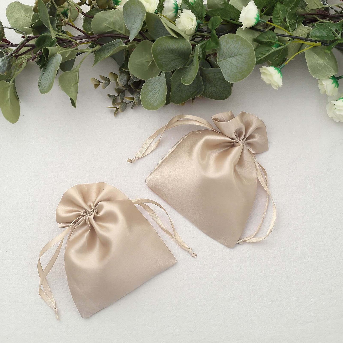 12 Pack 5"x7" Beige Satin Drawstring Wedding Party Favor Gift Bags