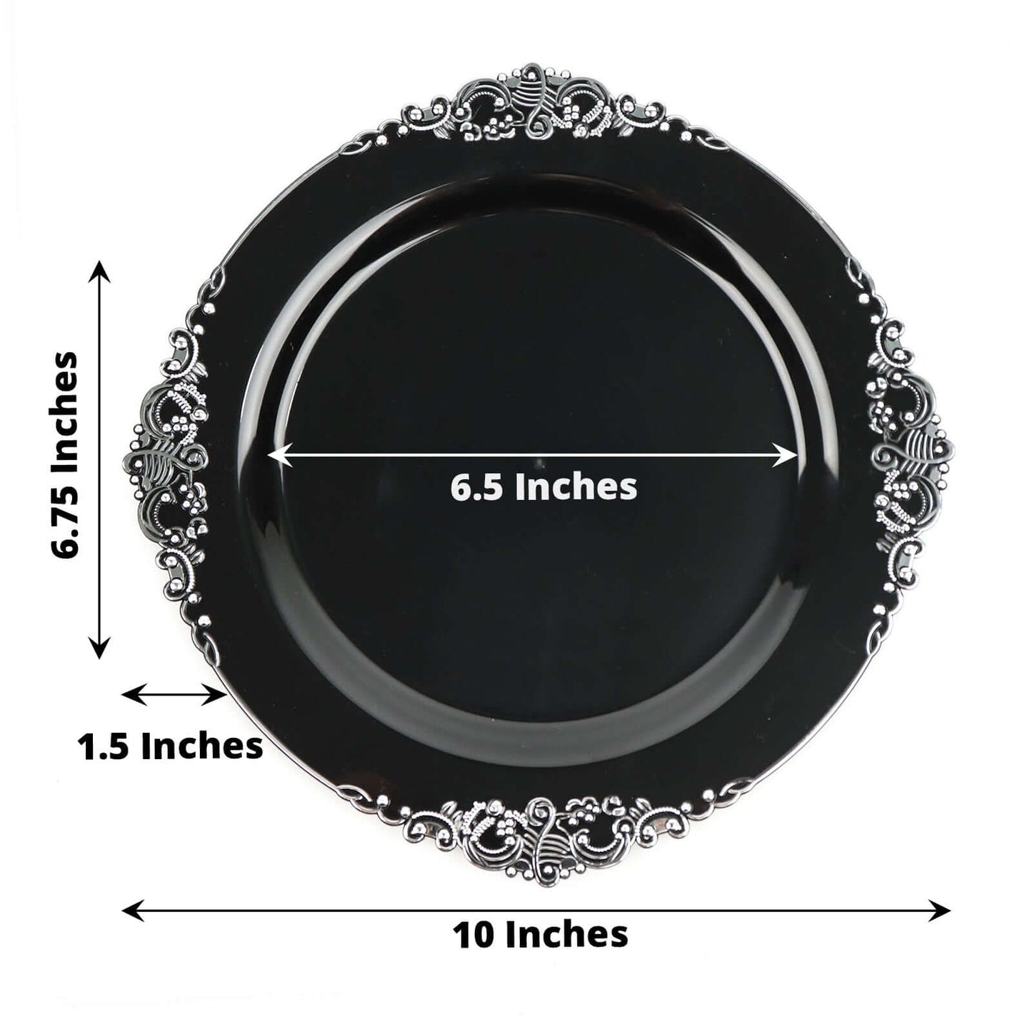 10-Pack Plastic 10" Round Dinner Plates in Black with Silver Leaf Embossed Rim - Disposable Vintage Baroque Style Plates