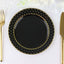 10-Pack Plastic 7.5" Round Dessert Plates in Black with Gold 3D Polka Dotted Rim - Durable Disposable Appetizer Salad Plates for Modern Themed Events & Banquets