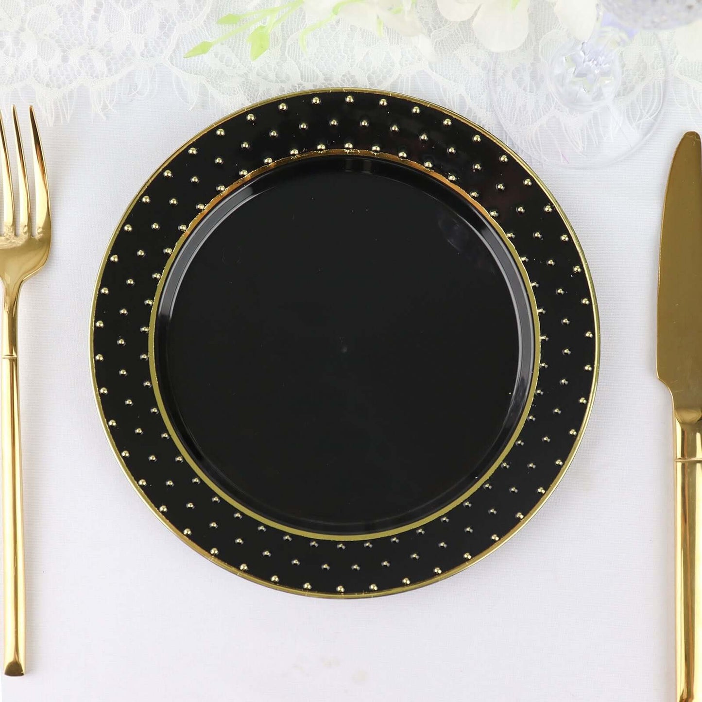 10-Pack Plastic 7.5" Round Dessert Plates in Black with Gold 3D Polka Dotted Rim - Durable Disposable Appetizer Salad Plates for Modern Themed Events & Banquets