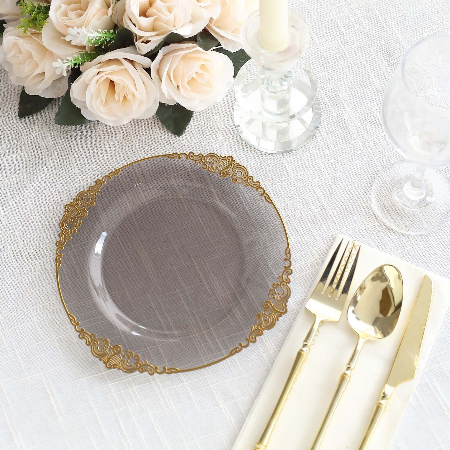 10-Pack Plastic 8" Round Dessert Plates in Transparent Black with Gold Leaf Embossed Rim - Disposable Vintage Baroque Style Salad Plates