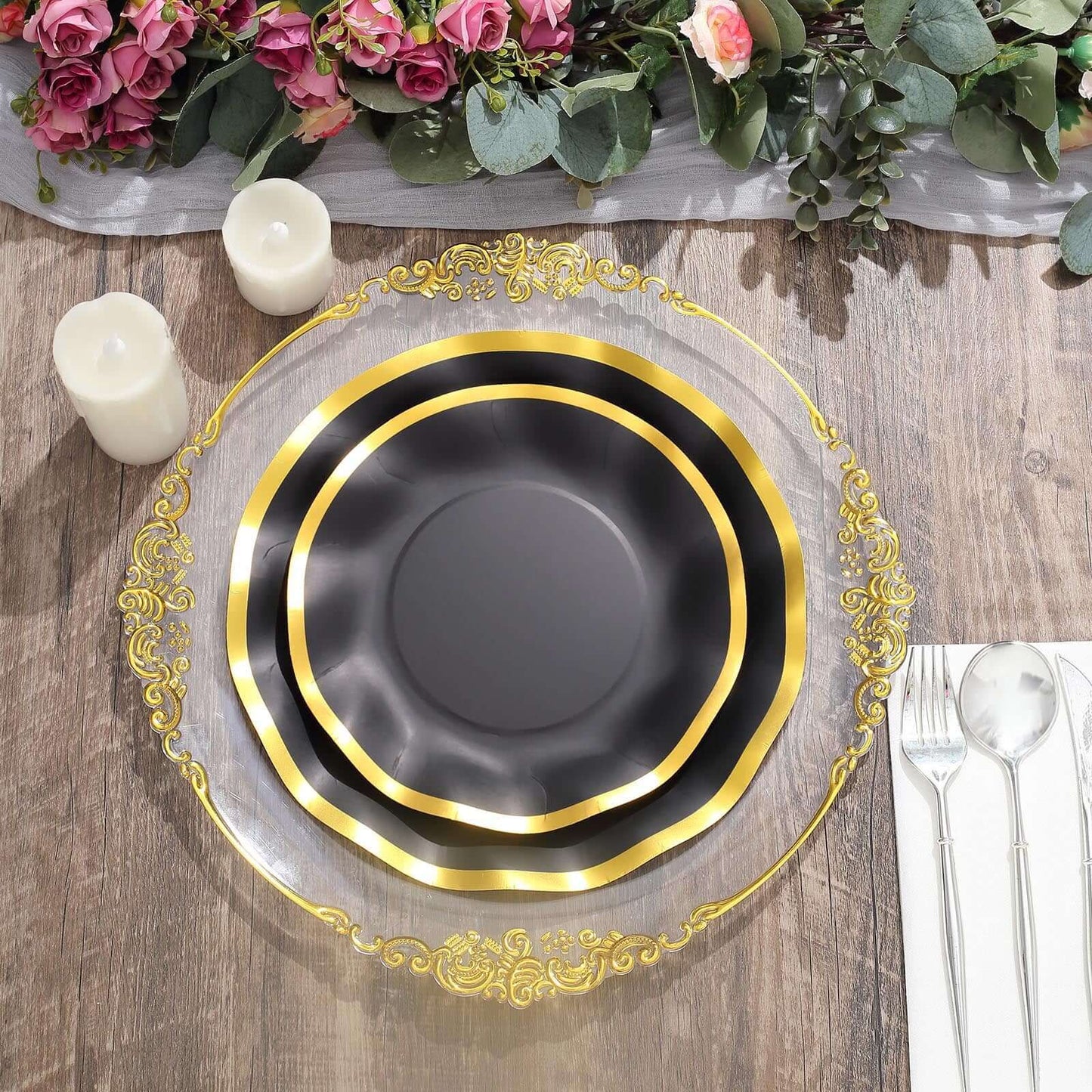 25-Pack Paper Round Dinner Plates 10" Matte Black with Gold Wavy Rim - Disposable 350GSM Party Plates