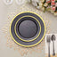 10-Pack Plastic 7" Round Appetizer Plates in Black with Gold Rim - Sleek Disposable Salad Plates for Banquets & Special Occasions