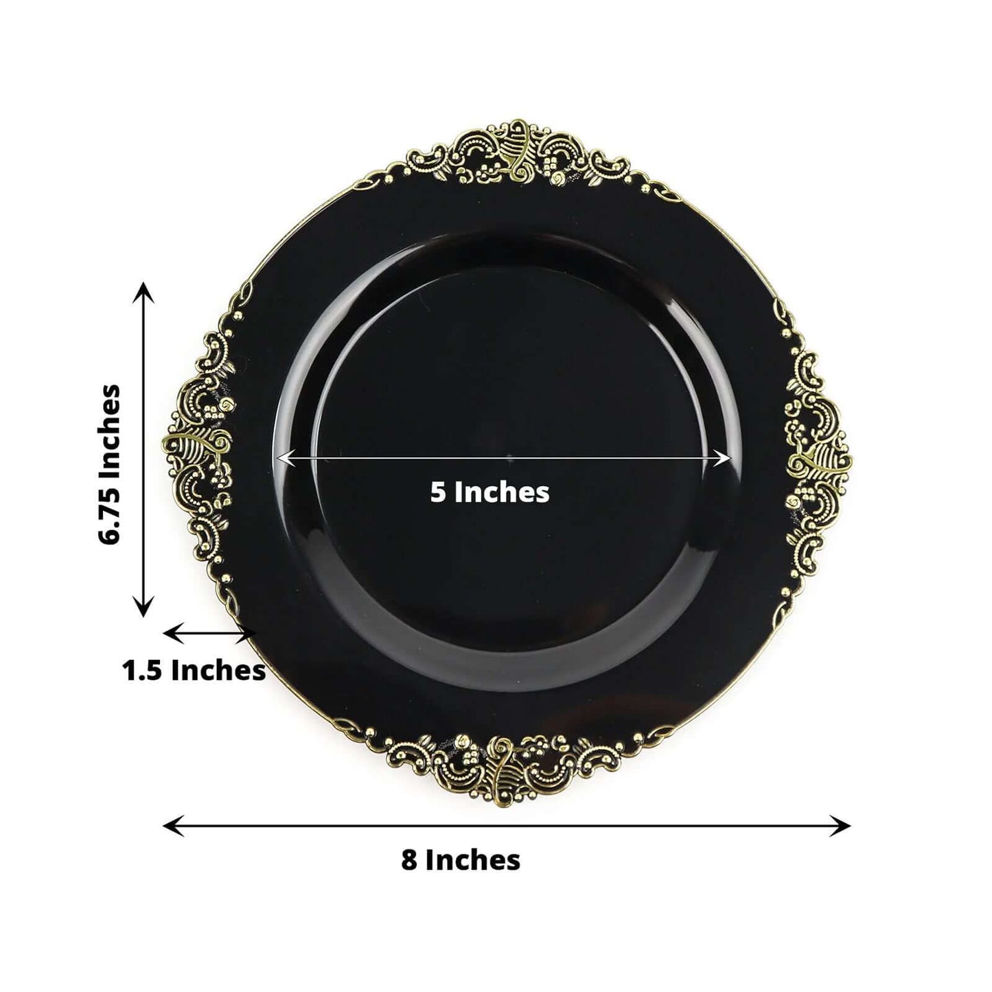 10-Pack Plastic 8" Round Dessert Plates in Black with Gold Leaf Embossed Rim - Disposable Vintage Baroque Style Salad Plates