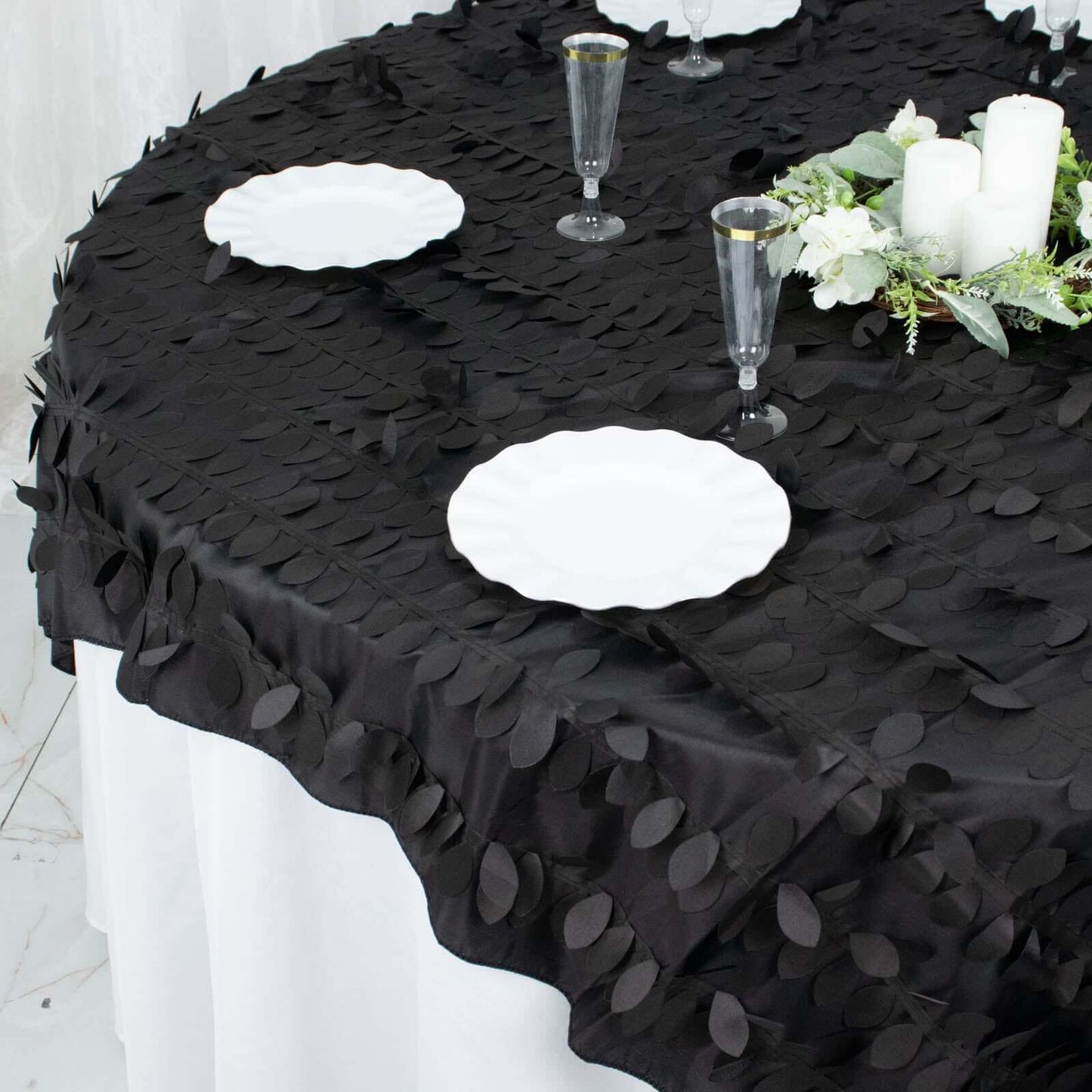 Taffeta 72"x72" Table Overlay Square Tablecloth Black - 3D Leaf Petal Table Cover