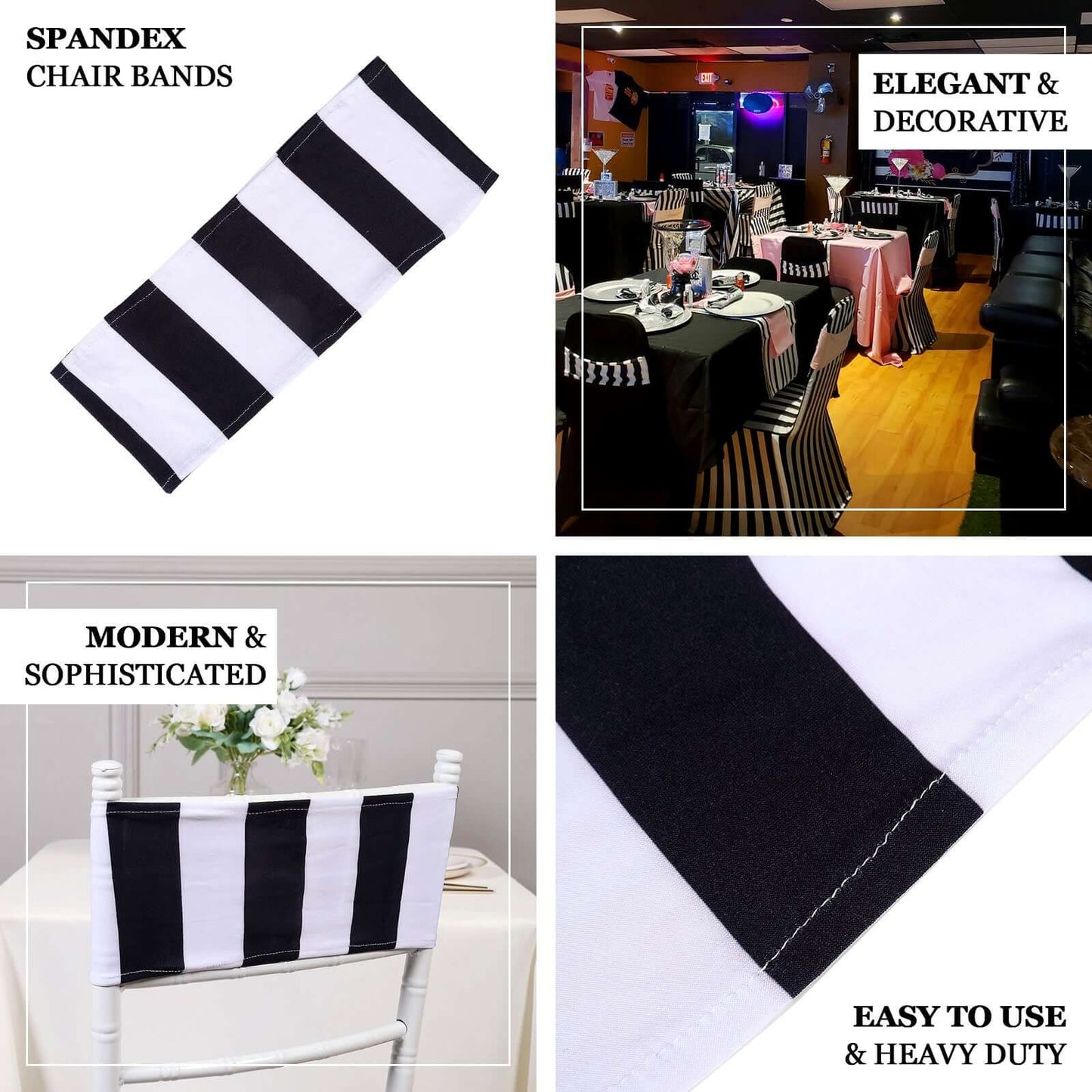 5 Pack Spandex Chair Sashes Black/White Vertical Stripes - Easy to Use & Wrinkle-Free Stretch Chair Bands for Stunning Tablescapes 5"x14"