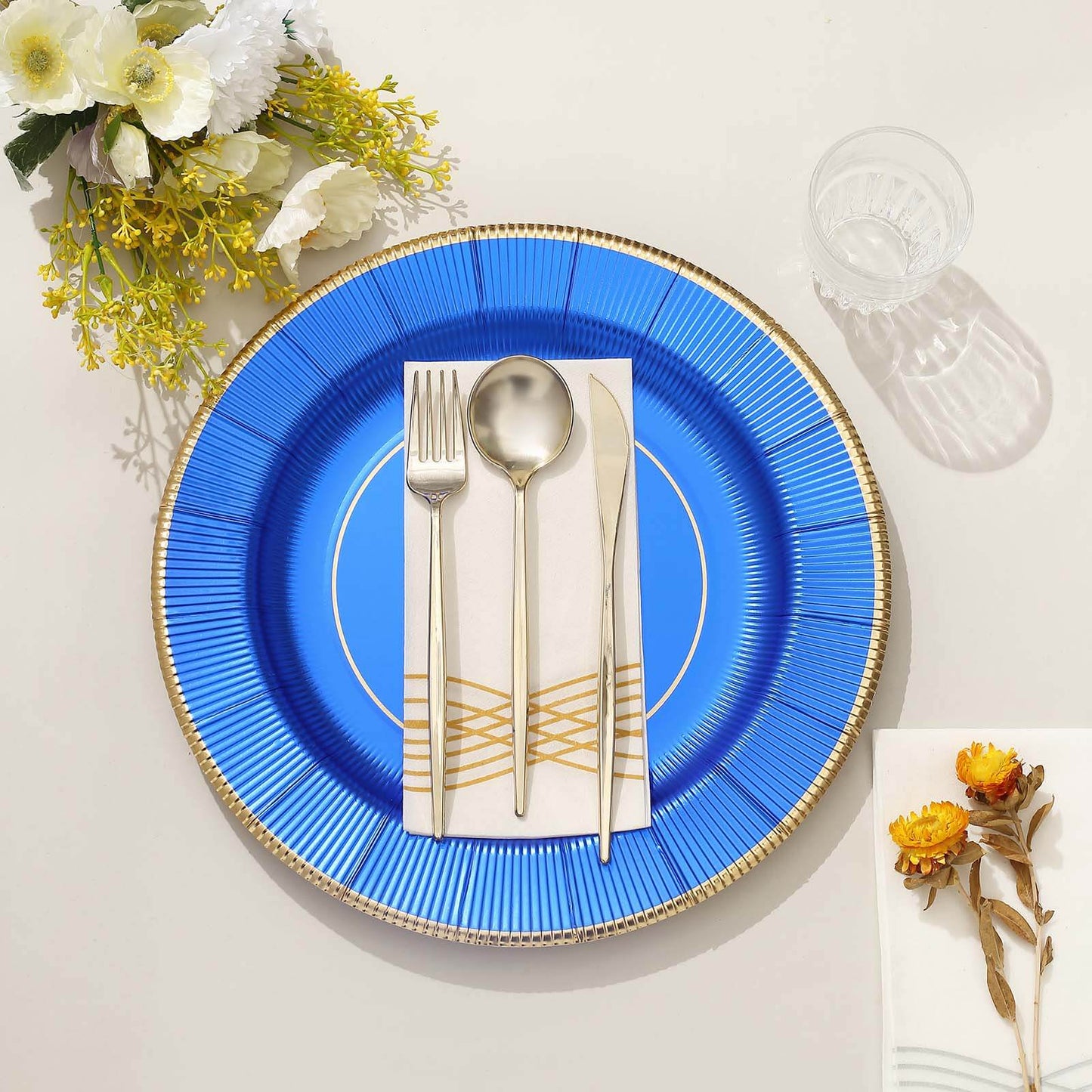 25-Pack Disposable Round Charger Plates in Royal Blue Sunray Design with Gold Rim - 350GSM Heavy Duty Paper Chargers 13"