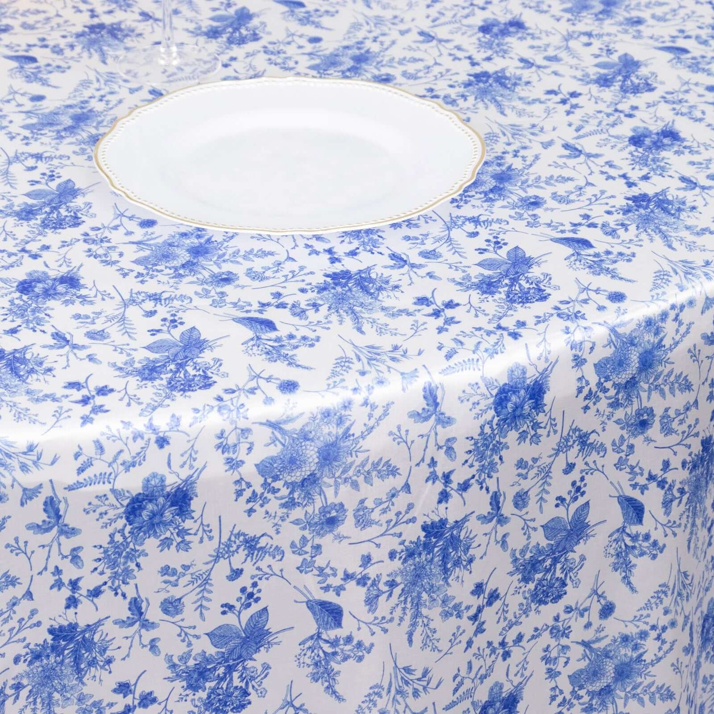 Satin Round 120" Tablecloth White/Blue French Toile Design - Seamless Stylish & Wrinkle-Resistant Table Cover