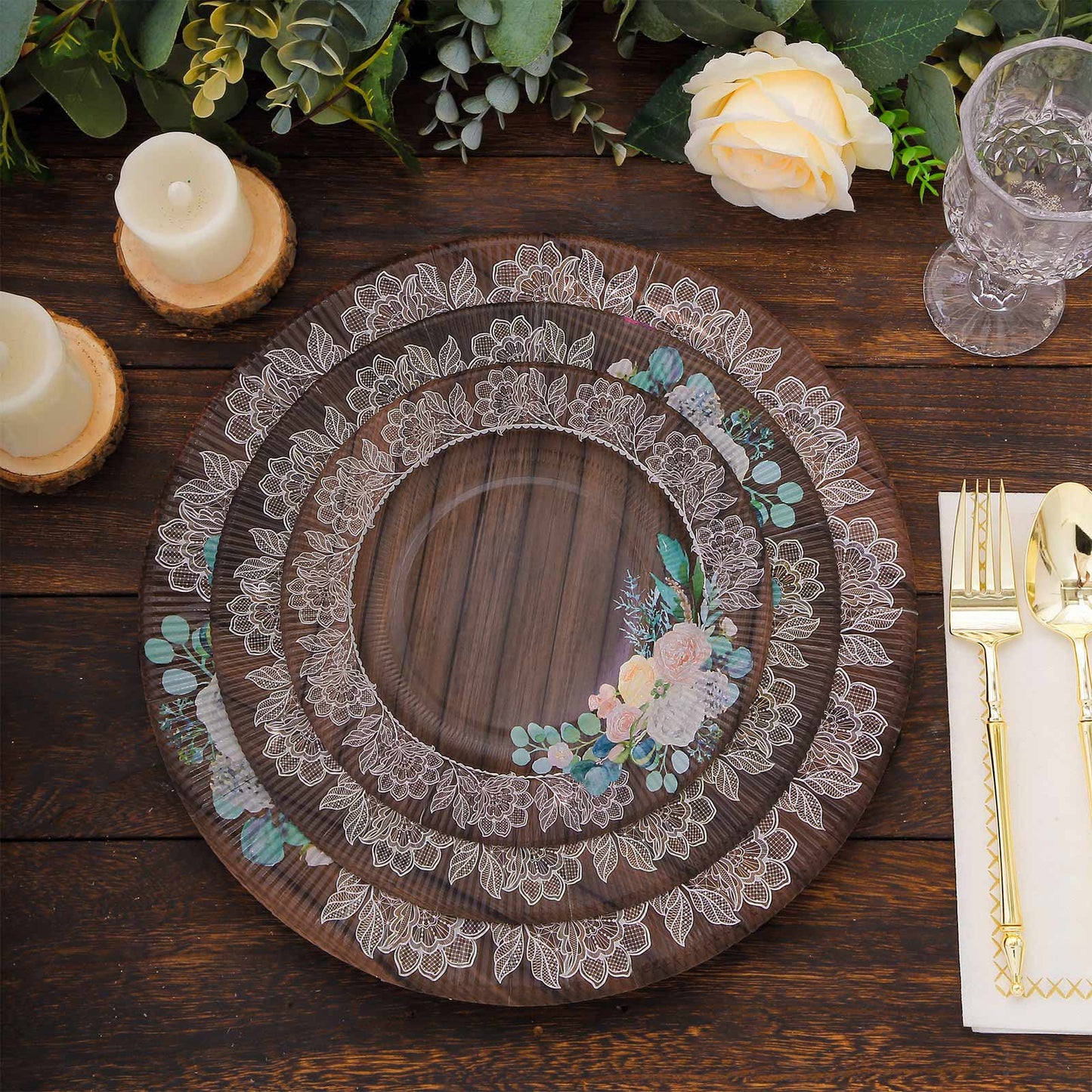 25-Pack Paper 10" Round Dinner Plates in Brown Wood Print with Floral Lace Rim - Disposable Party Plates for Farmhouse Weddings & Rustic Themes