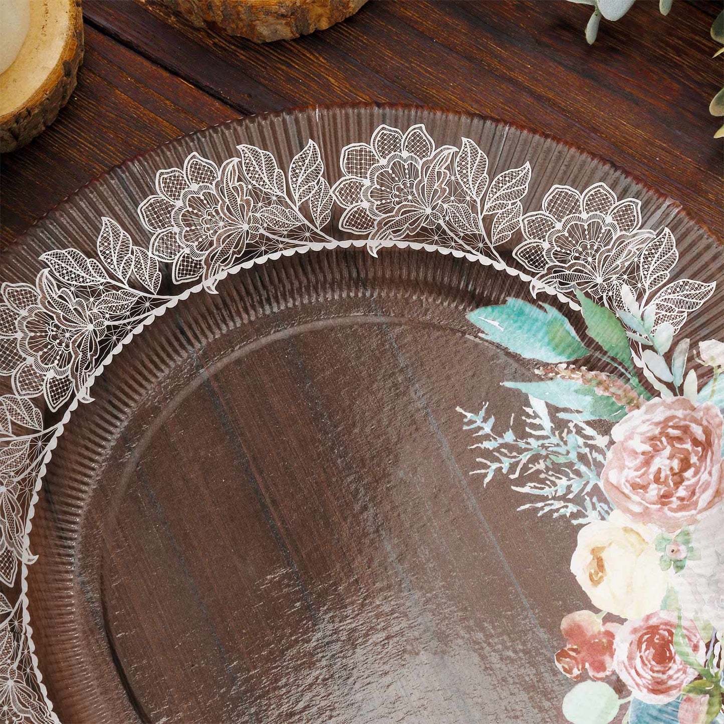 25-Pack Paper 8" Round Dessert Plates in Brown Wood Print with Floral Lace Rim - Disposable Salad Appetizer Plates for Farmhouse Events & Rustic Themes