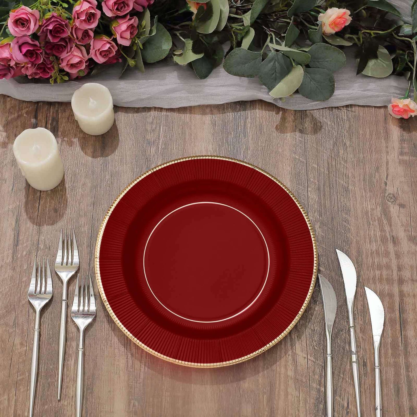 25-Pack Paper 10" Round Dinner Plates in Burgundy Sunray Design with Gold Rim - Disposable Heavy Duty 350GSM Party Plates