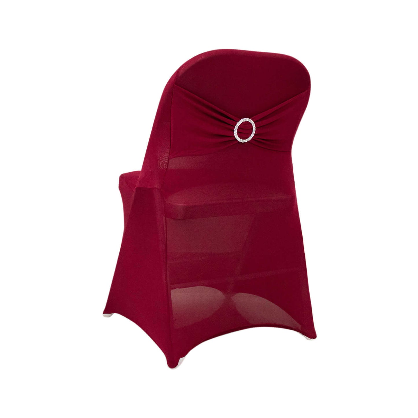 Stretch Spandex Chair Cover Burgundy for Folding Chairs - Secure Fit Slipcover with Silver Rhinestone Buckled Sash Band