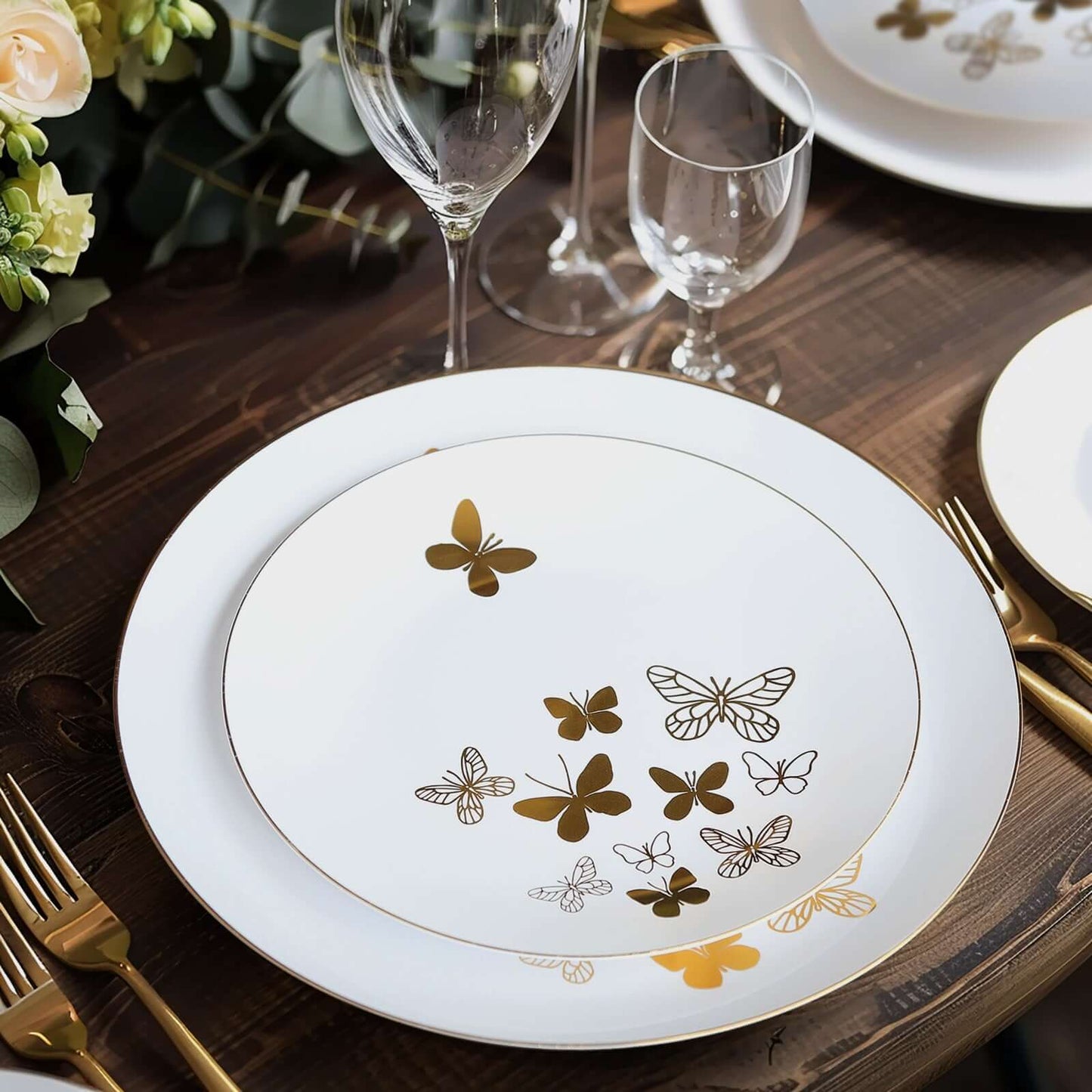 Set of 20 Plastic Round Dinner and Salad Plates in White with Gold Butterfly Design & Gold Rim - Stylish Disposable Dinnerware for Buffets & Catered Events 8", 10"