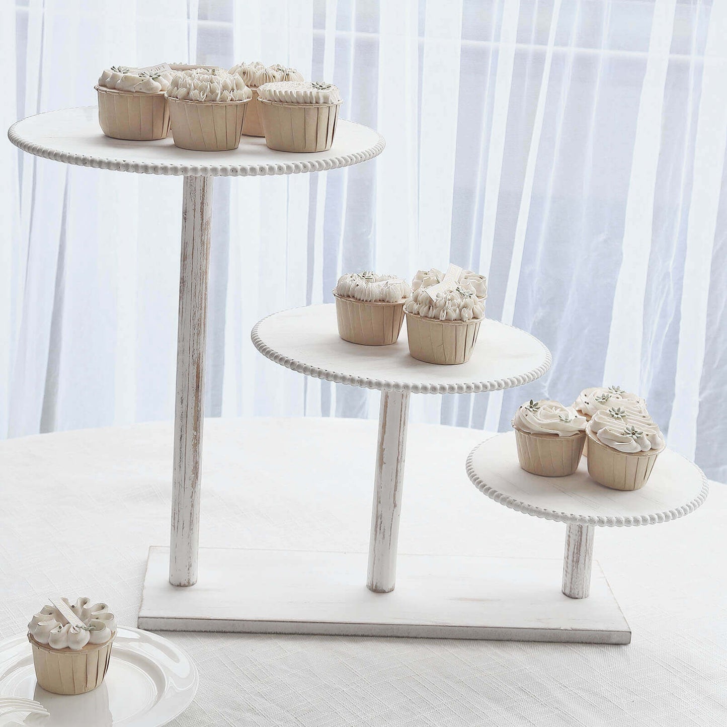 3-Tier Wooden Cake Stand Whitewash with Round Beaded Rim Trays - Rustic Cupcake Tower Dessert Display 24"x16"