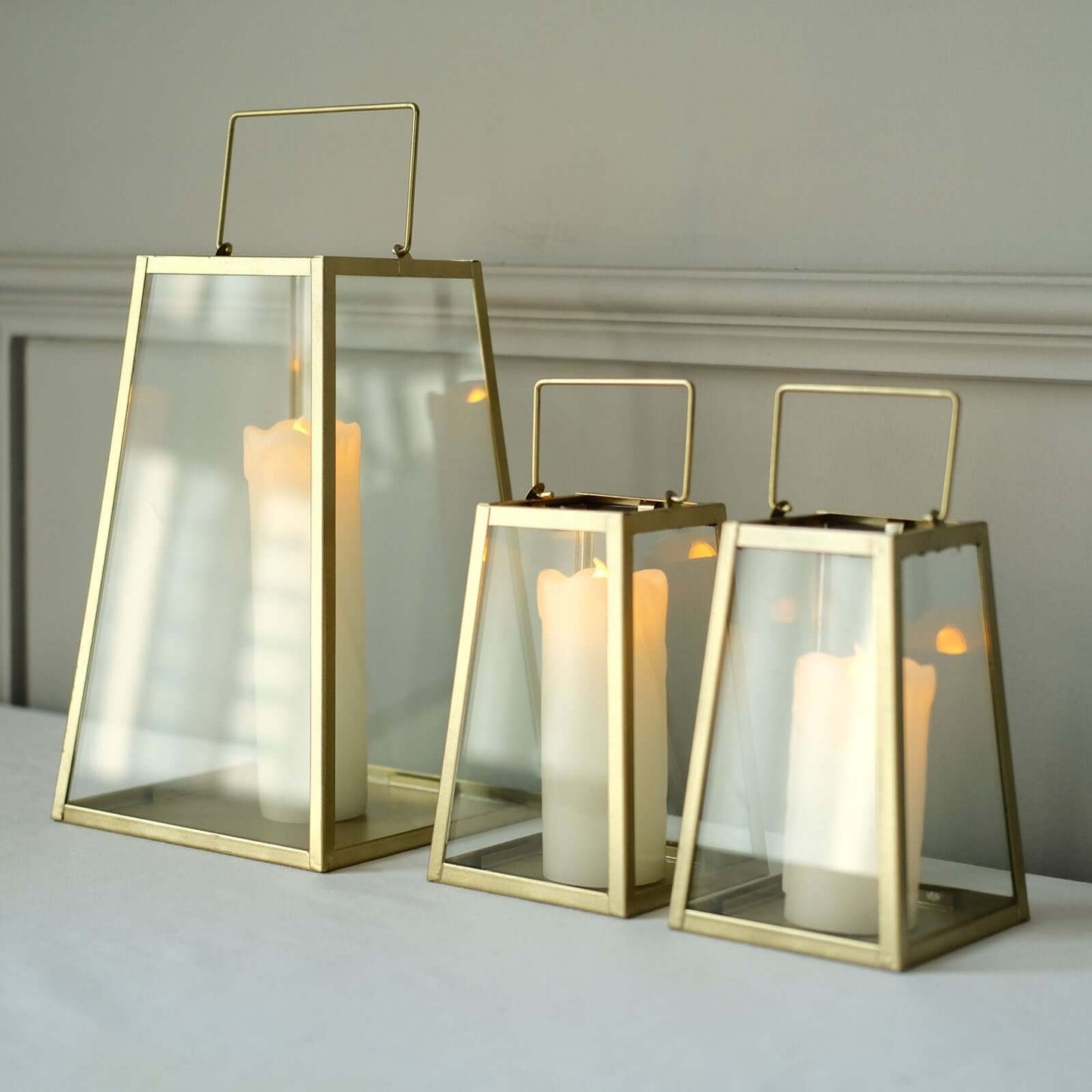 2-Pack Metal Candle Lanterns Trapezoid Geometric Design Gold - Hanging Terrariums Table Centerpieces for Indoor/Outdoor 6"
