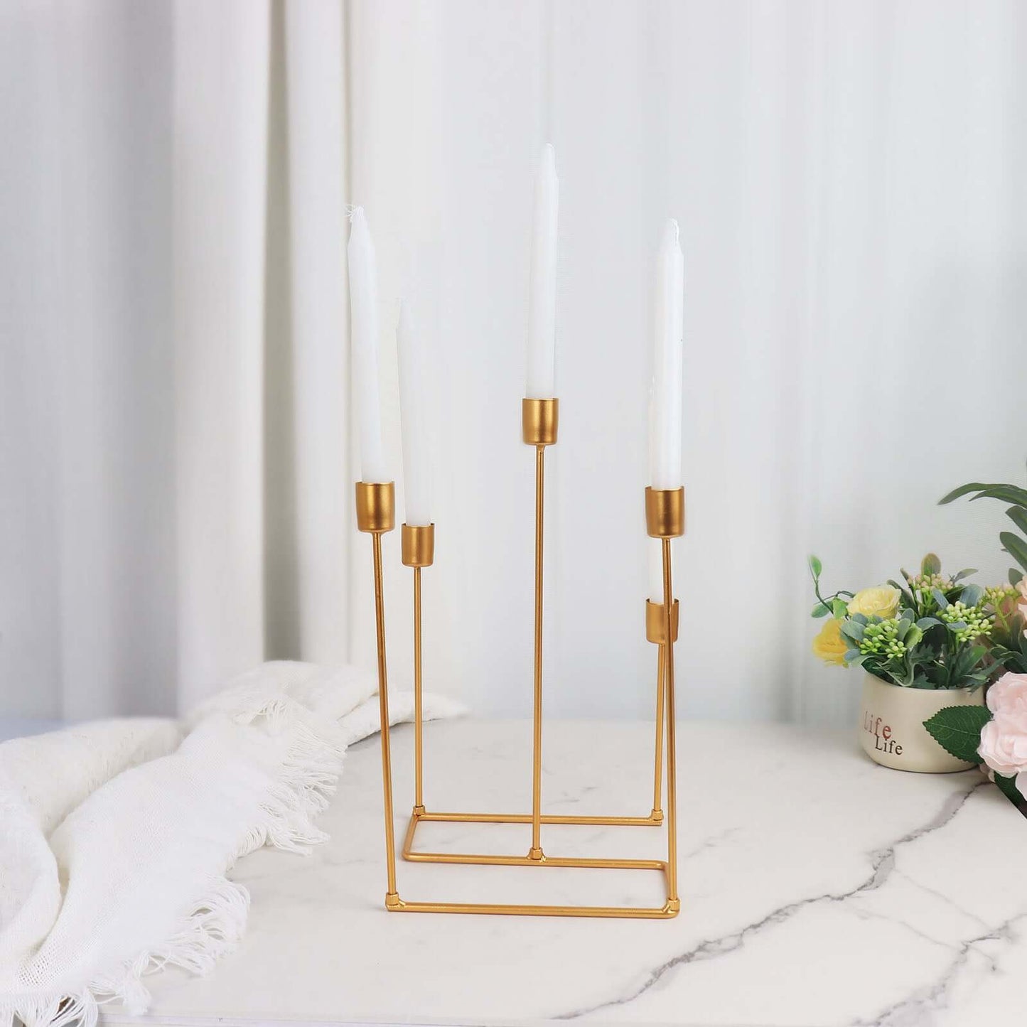 Taper Candle Holder Gold Metal 5-Arm Geometric Candelabra Design - Decorative Piece for Banquets and Celebrations 12"