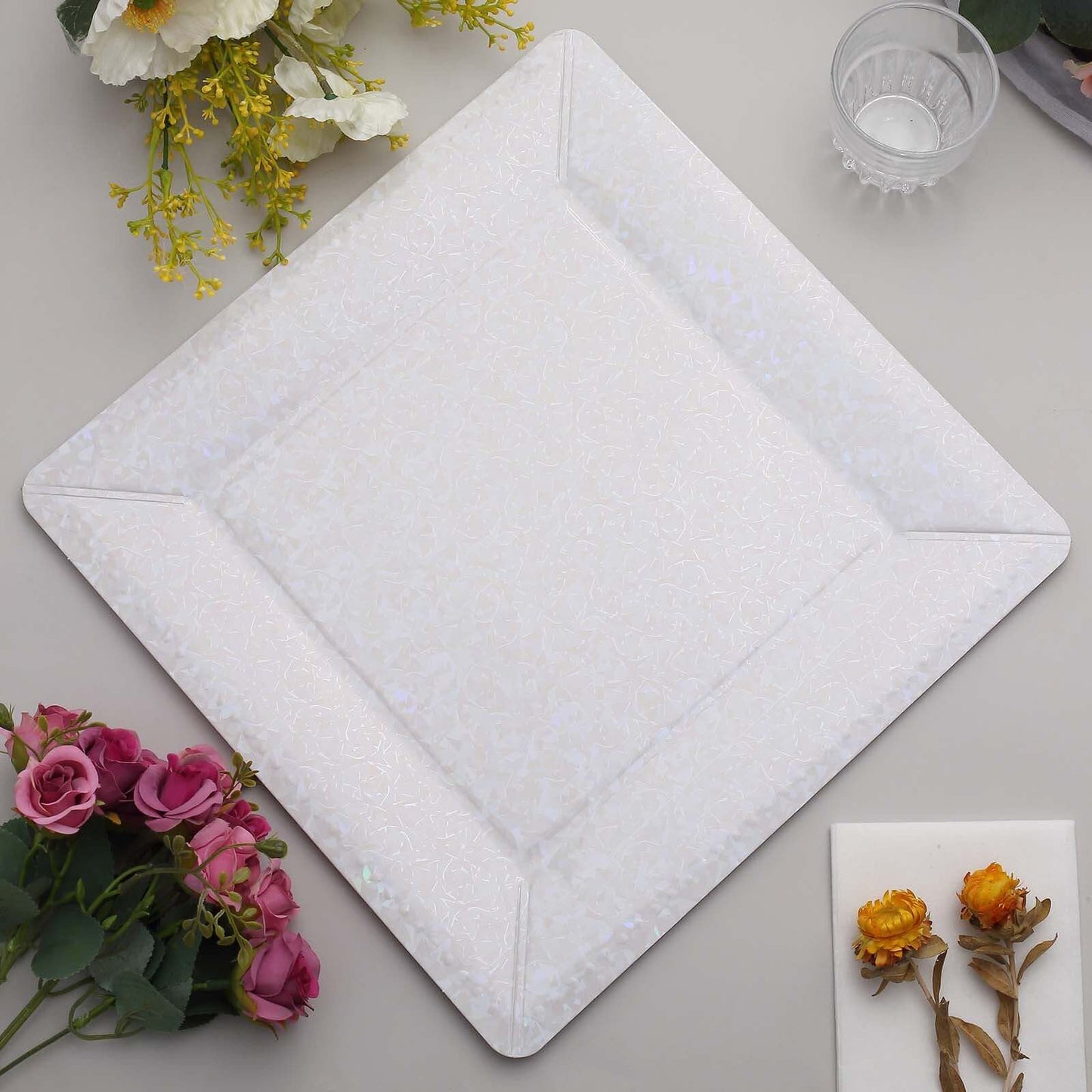 10-Pack Disposable Square Charger Plates in Iridescent with Leather Like Texture - 1100GSM Durable Paper Chargers 13"