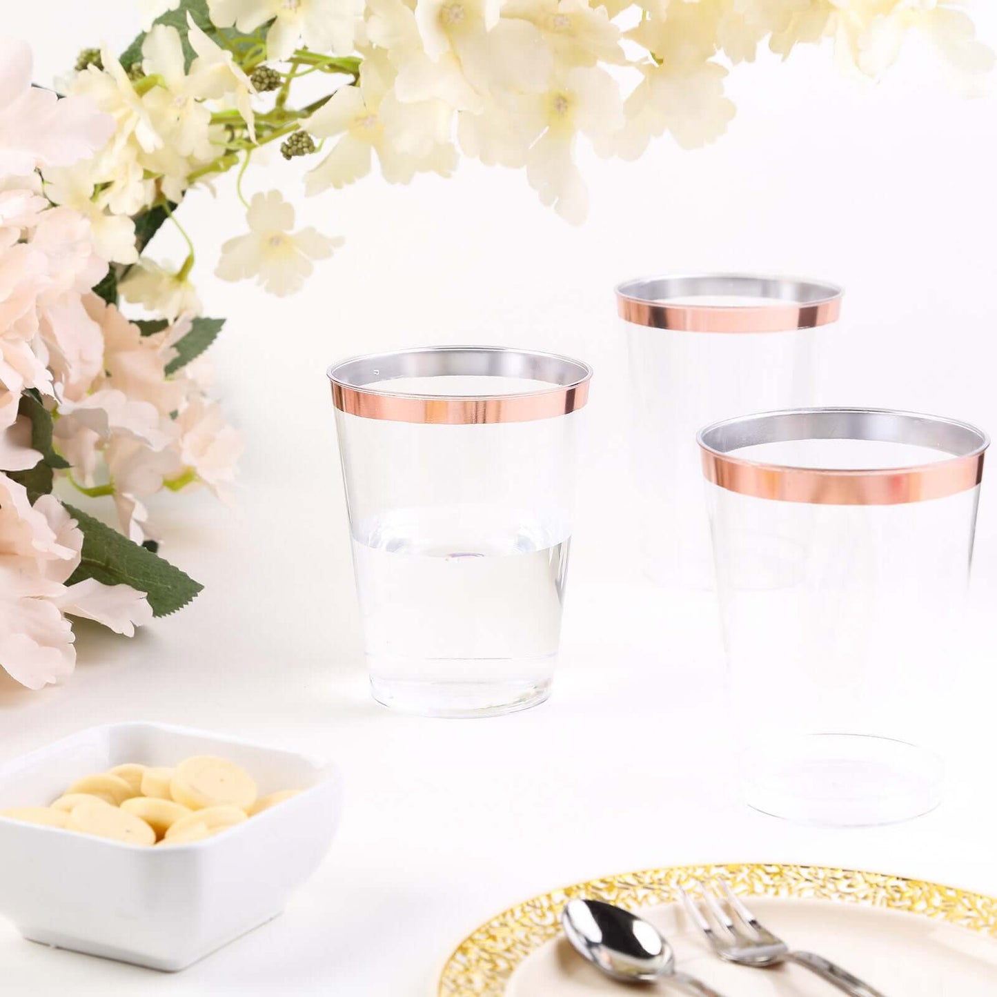 12-Pack Plastic Party Cups Clear with Rose Gold Rim - Durable Disposable Tumblers for Banquets & Special Occasions 10oz