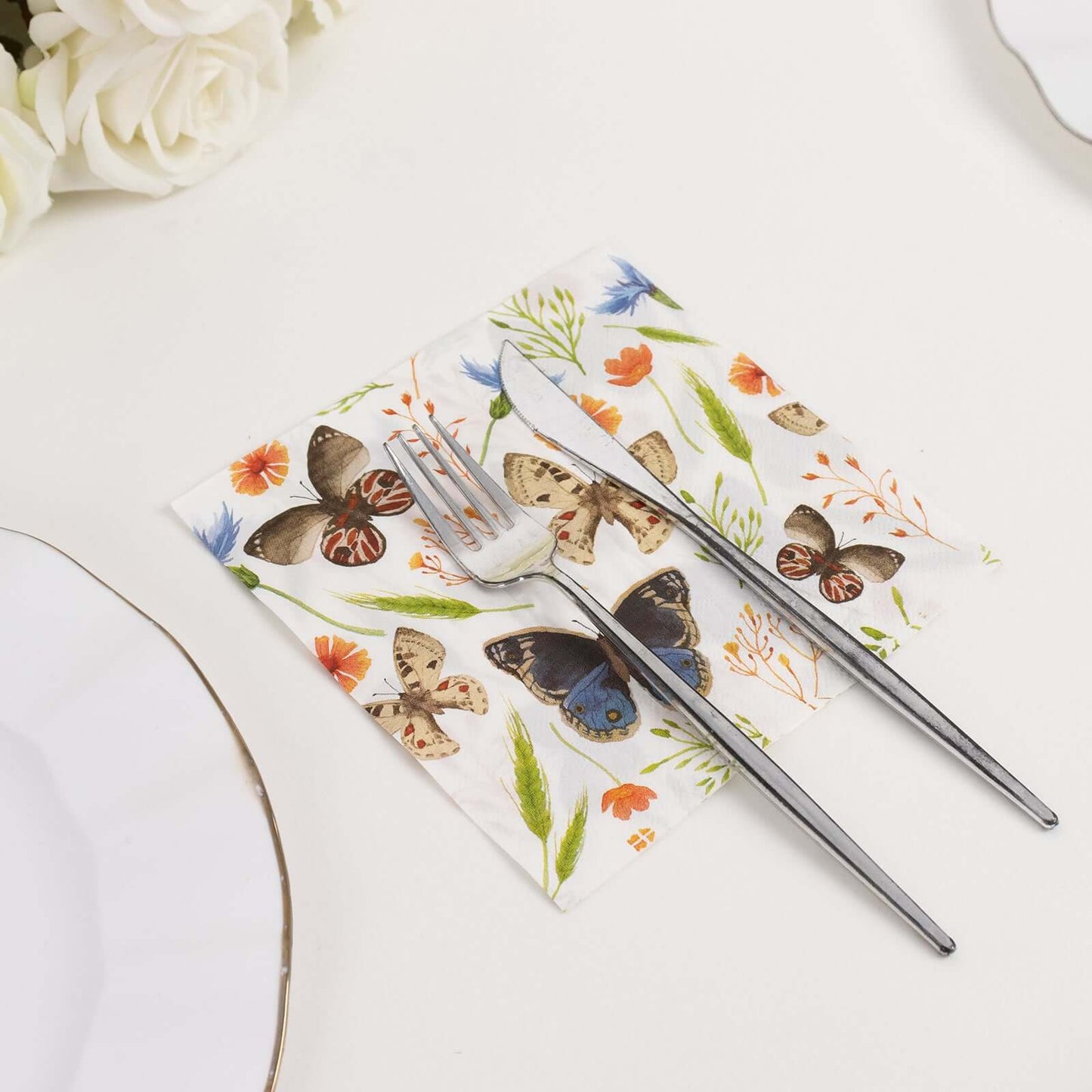 50-Pack Paper Beverage Napkins with Field Herbs and Butterfly Print Ivory - 2 Ply Disposable 18GSM Garden Party Napkins 6.5"x6.5"