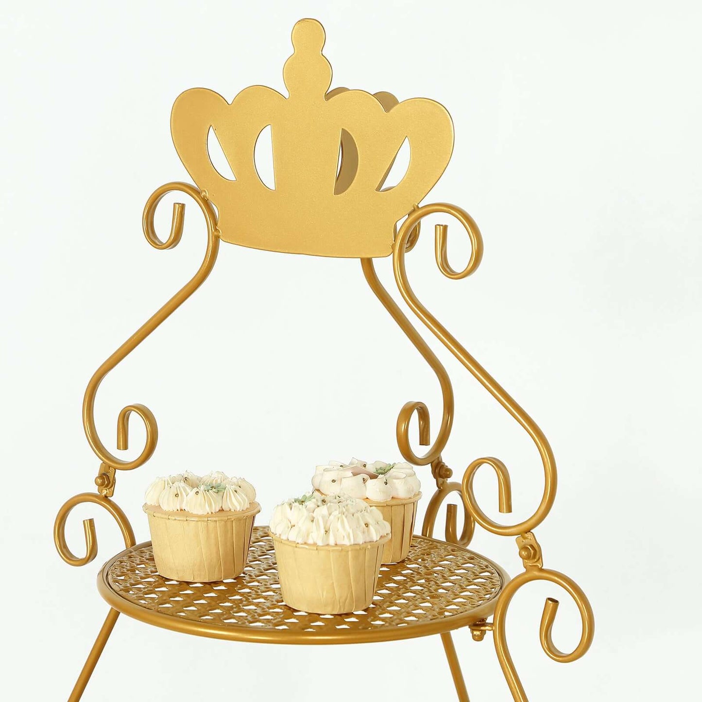 3 Tier Metal Round Cake Stand 32" Gold with Crown Top - Easy To Assemble Cupcake Holder Dessert Display Stand for Sophisticated Tea Parties Buffet Tables & Special Occasions
