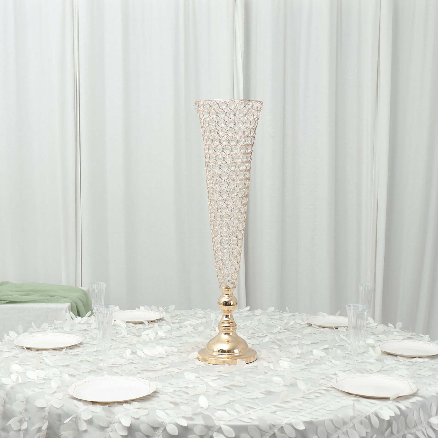 2-Pack Crystal Beaded Trumpet Vase Set Gold - Table Centerpiece for Weddings and Events 32"