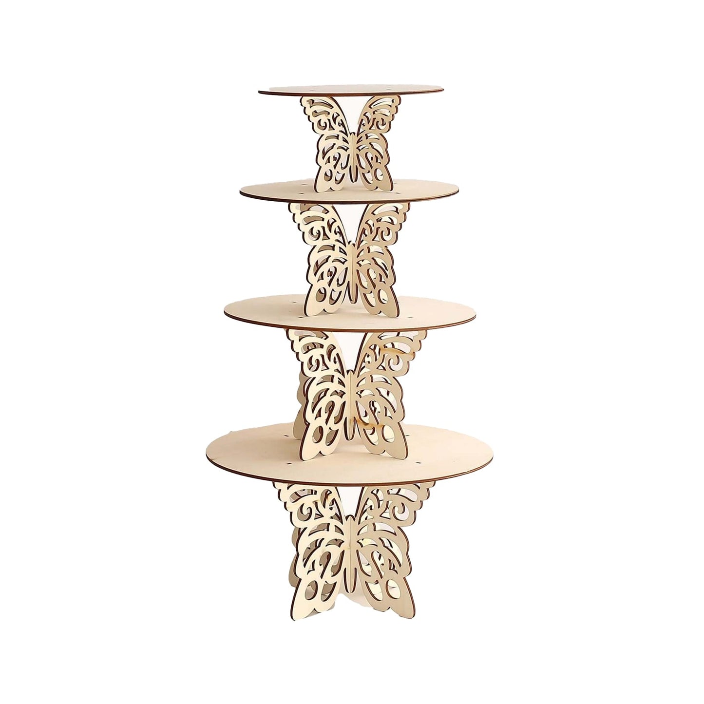 Set of 4 Wooden Cake Stands Butterfly Round Design Natural - Stackable Rustic Cupcake Holder Centerpiece 10", 12", 14", 16"