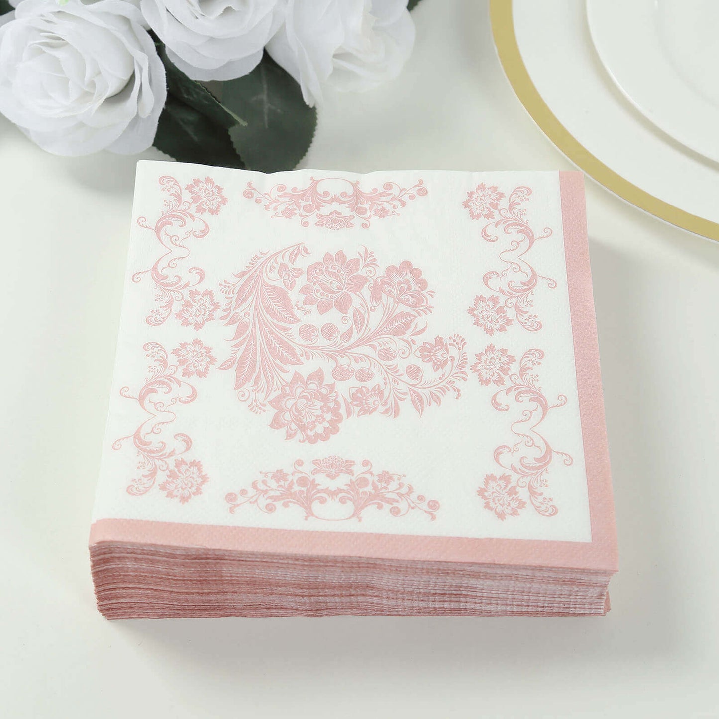 50 Pack 2-Ply Paper Beverage Napkins in White Matte Pink Damask Floral Pattern, Disposable Cocktail Napkins - Highly Absorbent & Soft