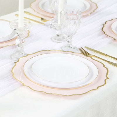 10-Pack Economy Plastic Round Charger Plates 13" in Blush with Gold Scalloped Rim, Decorative Dinner Party Serving Plates