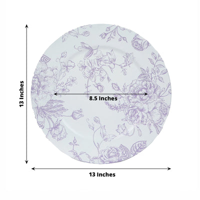 6 Pack Round Floral Acrylic Charger Plates in French Toile Pattern, 13" Matte Lavender and White Dinner Charger Event Tabletop Decor