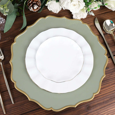 6-Pack Acrylic Round Charger Plates 13" in Dusty Sage Green with Gold Scalloped Rim, Decorative Dinner Party Plastic Charger Tableware