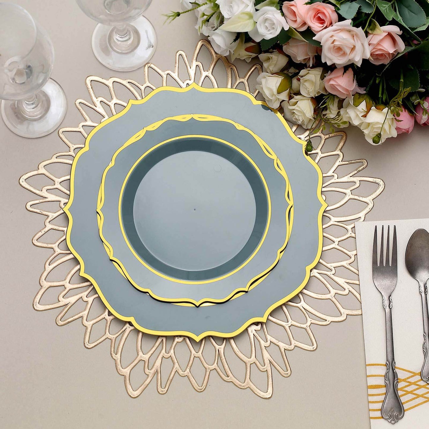 10-Pack Plastic 8" Round Dessert Plates in Dusty Blue with Gold Scalloped Rim - Disposable Appetizer/Salad Plates