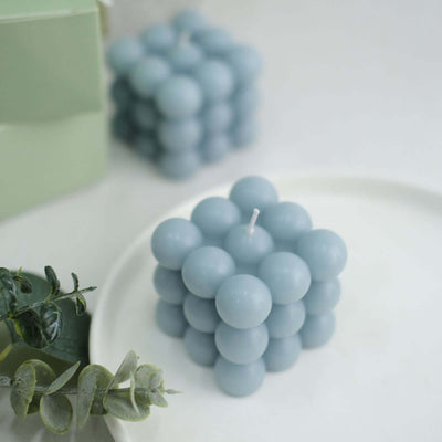 2-Pack Decorative Paraffin Wax Candles Bubble Cube Design Dusty Blue - Unscented Long Burning Pillar Candle Set 2"