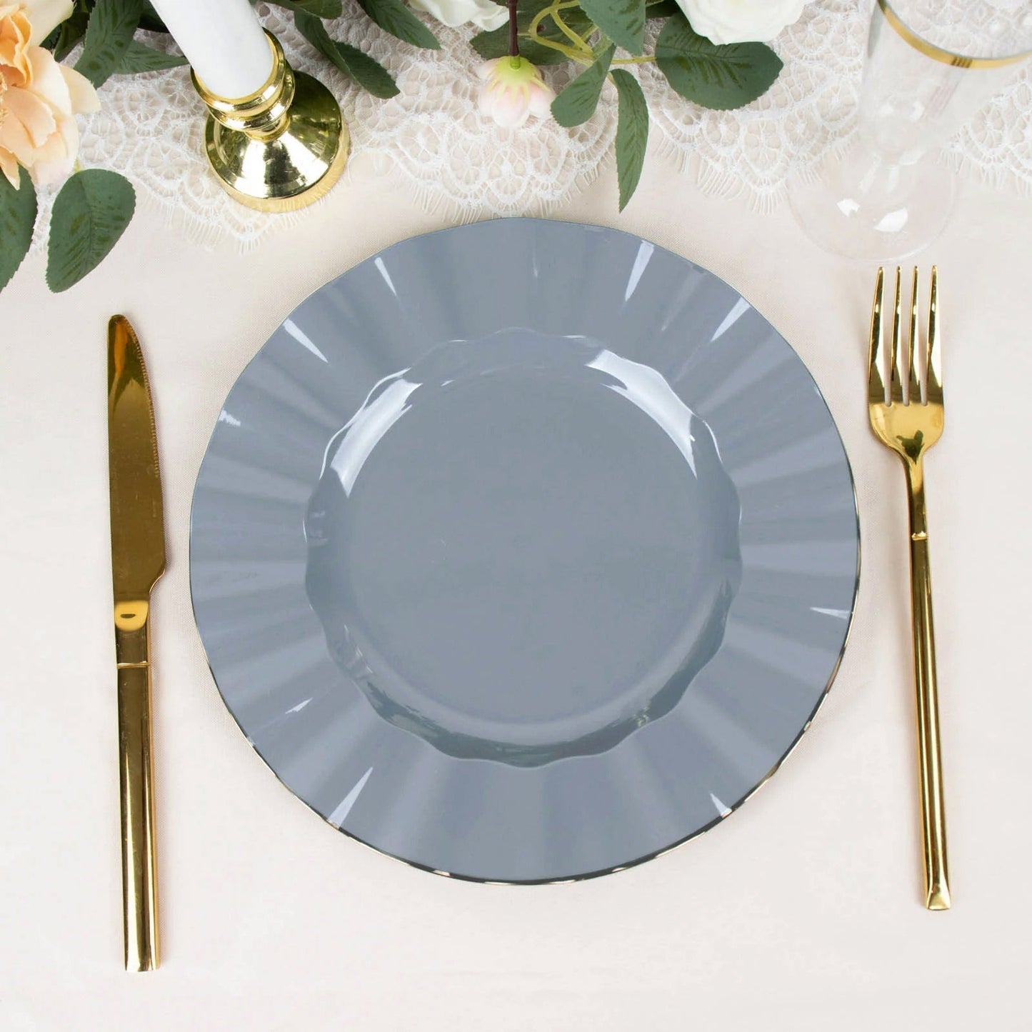 10-Pack Plastic 9" Round Dinner Plates in Dusty Blue Ruffled Rim with Gold Edging - Sturdy Disposable Dinnerware